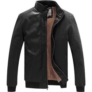 Men's Stand Collar Fleece Lined Bomber Faux Leather Jacket